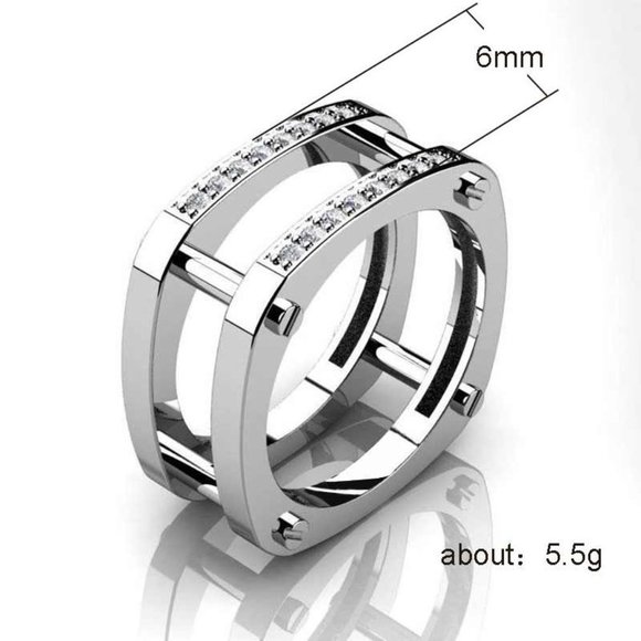 MEN SOLID 925 STERLING SILVER ICY BLING CZ 3D SQUARE SHAPE  🔥Square Glitter Zircon Double Layer Silver Plated Ring for Men, L187
